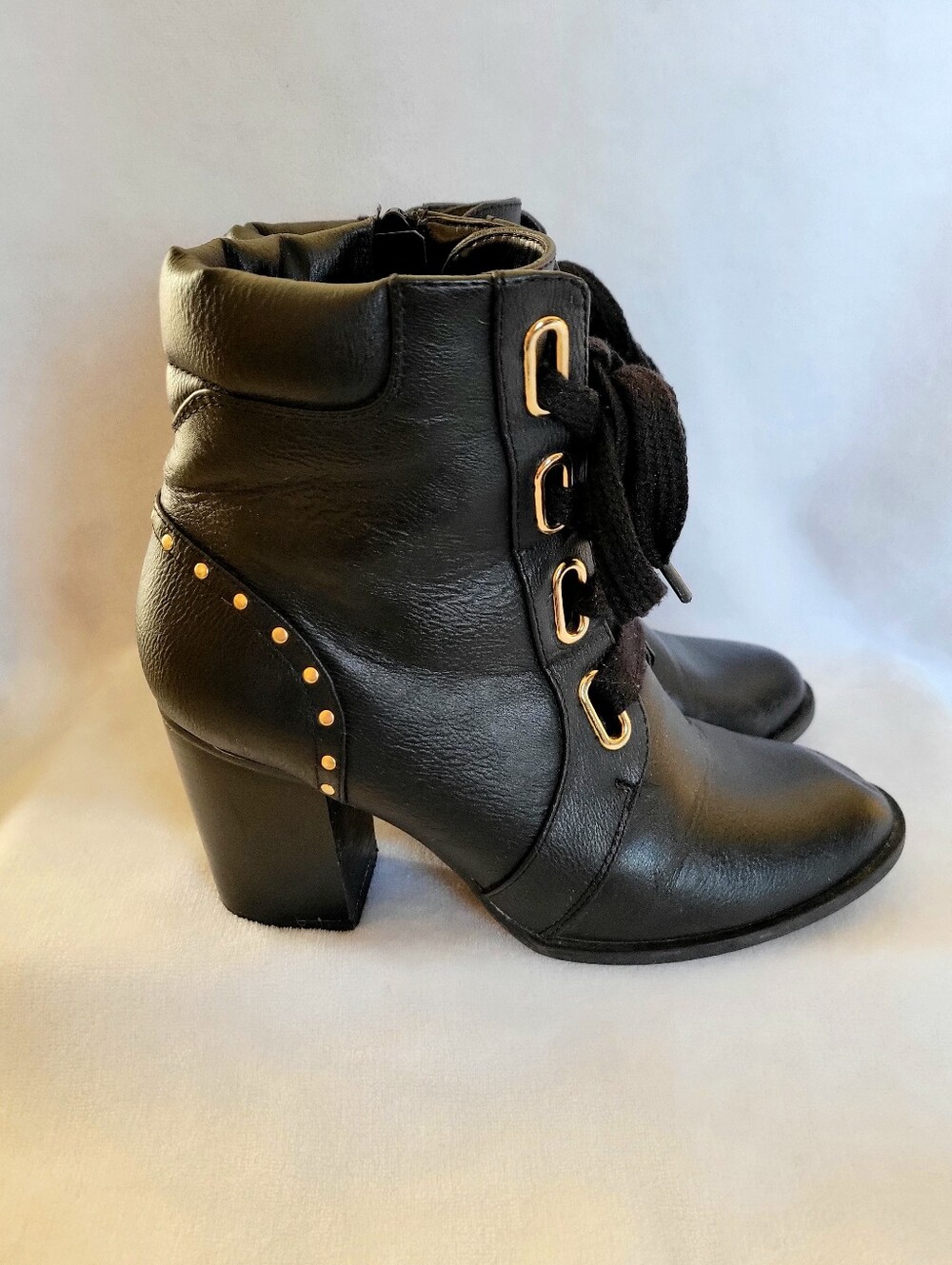 Apt. 9 Dial Black Faux Leather Lace Up Block High Heel Ankle Boots Women's 7.5 M